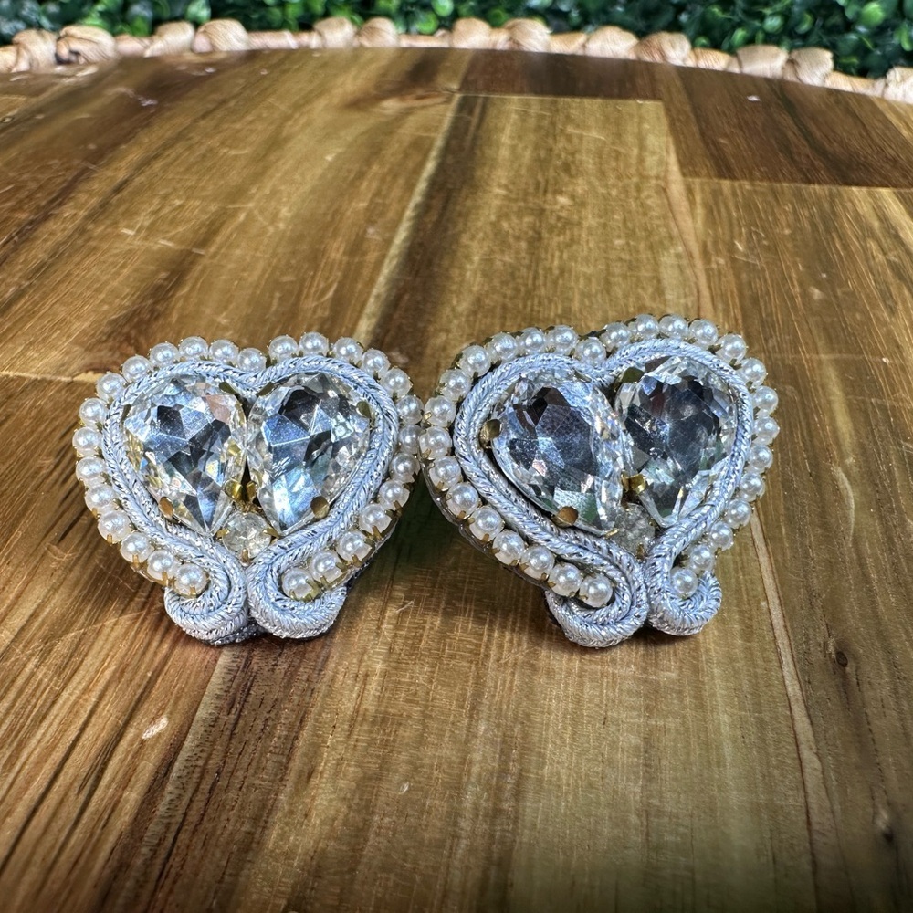Handmade Elegant‎ artesian Heart-Shaped Pearl and Crystal Earrings NEW